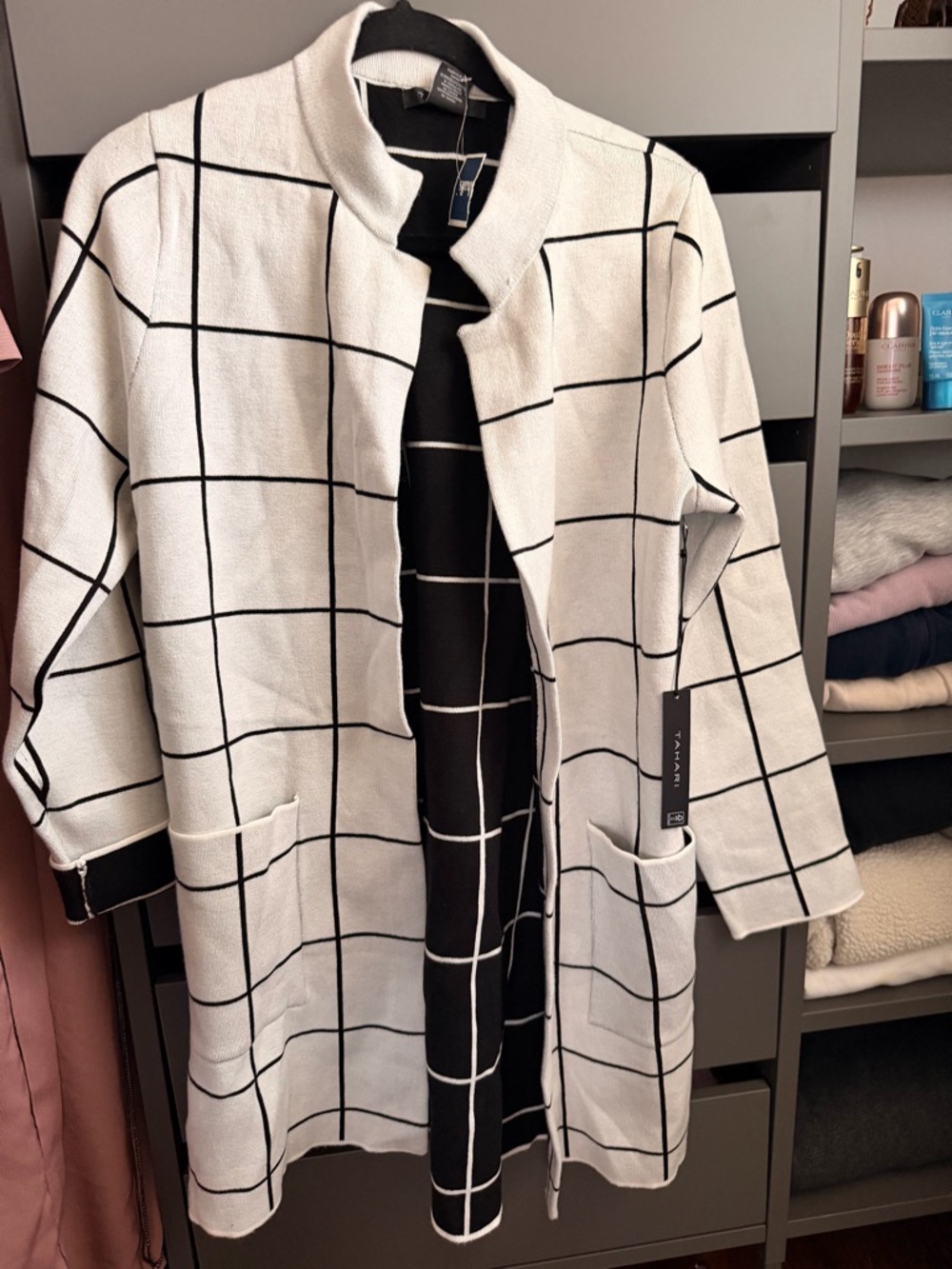 Tahari White Coat with Black Windowpane Grid